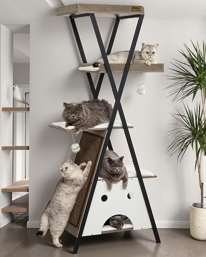 Modern Wood Cat Tree Tower for Indoor Cats Large Adult - 67 Inch Tall Multi-Level Heavy Duty Cat Condo Trees Furniture with Caves Perch Bed Scratching Board - XL Big Sturdy Wooden Kitty Climbing House