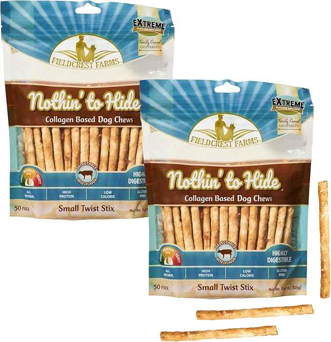 Fieldcrest Farms Nothin' to Hide Twist Stix, Beef Flavor – Easily Digestible Dog Chews, Supports Skin, Coat, Joints & Muscles, for Moderate Chewers Under 15 lbs, 100 Total Pieces