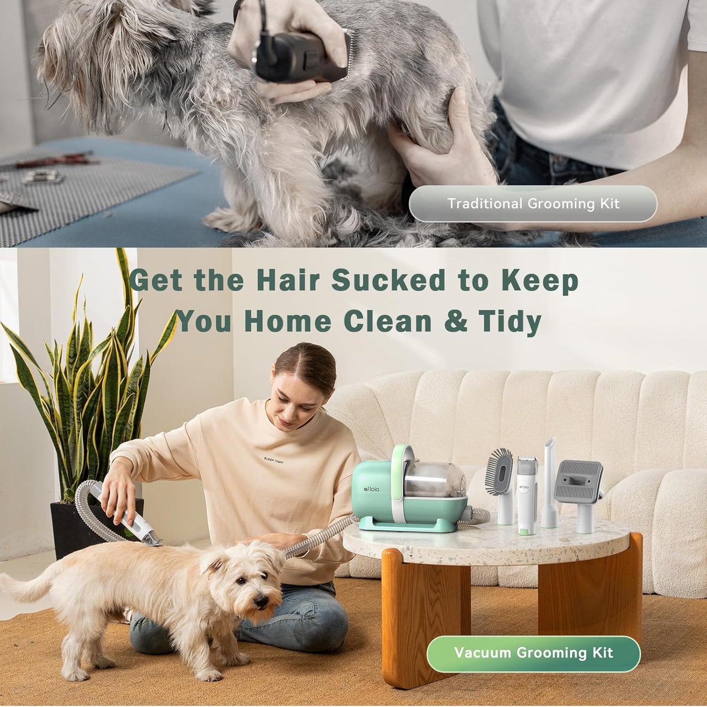 Afloia 6-in-1 Dog Grooming Kit, Pet Grooming Vacuum for Shedding, Dog Hair Vacuum with Clipper Nail Trimmer Grinder, Pet Brush Groomer at Home, Low Noise Cats Hair Remover, 1.5L Dust Cup, Green