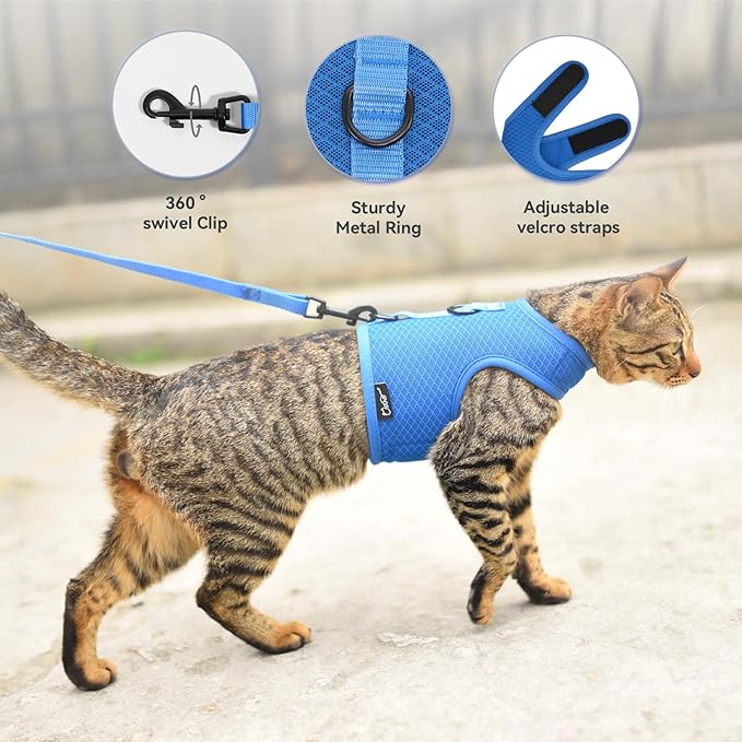 Kitty Harness and Leash for Walking Escape Proof Breathable Mesh Fabric, Solid Blue, X-Small, Adjustable Cat Walking Jackets, Padded Stylish Cat Vest