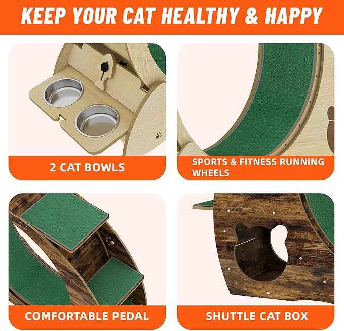 Cat Running Wheel for Indoor Cats, Large 6-in-1 Cat Treadmill with Bowls, Scratch Post & Resting House, Quiet Cats Wheel Exerciser for Kitty Fitness Wood Color