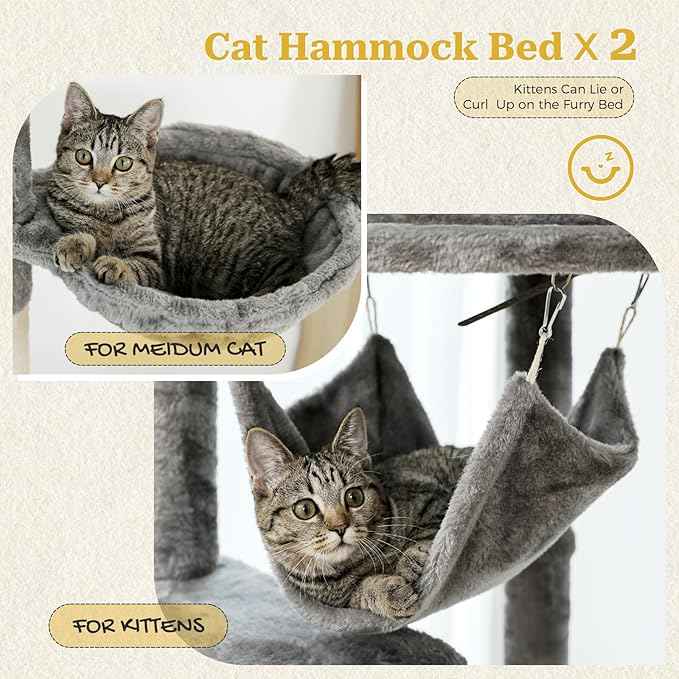 PETEPELA Floor to Ceiling Cat Tree, 92.9''-101.6''Height Adjustable Cat Tower Tall Cat Climbing Play House, Cozy Condo, Scratching Post and Spacious Hammock for Indoor Cats Large Adult, Gray
