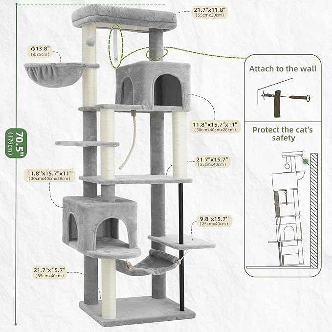 Cat Tree for Indoor Cats Large Adult, 70.5'' Cat Tower with Scratching Post, Sturdy Steel Pube Cat Tree Tower with Large Playing Platfrom, Hammock and Basket, Top Perch, Light Gray GCT024W