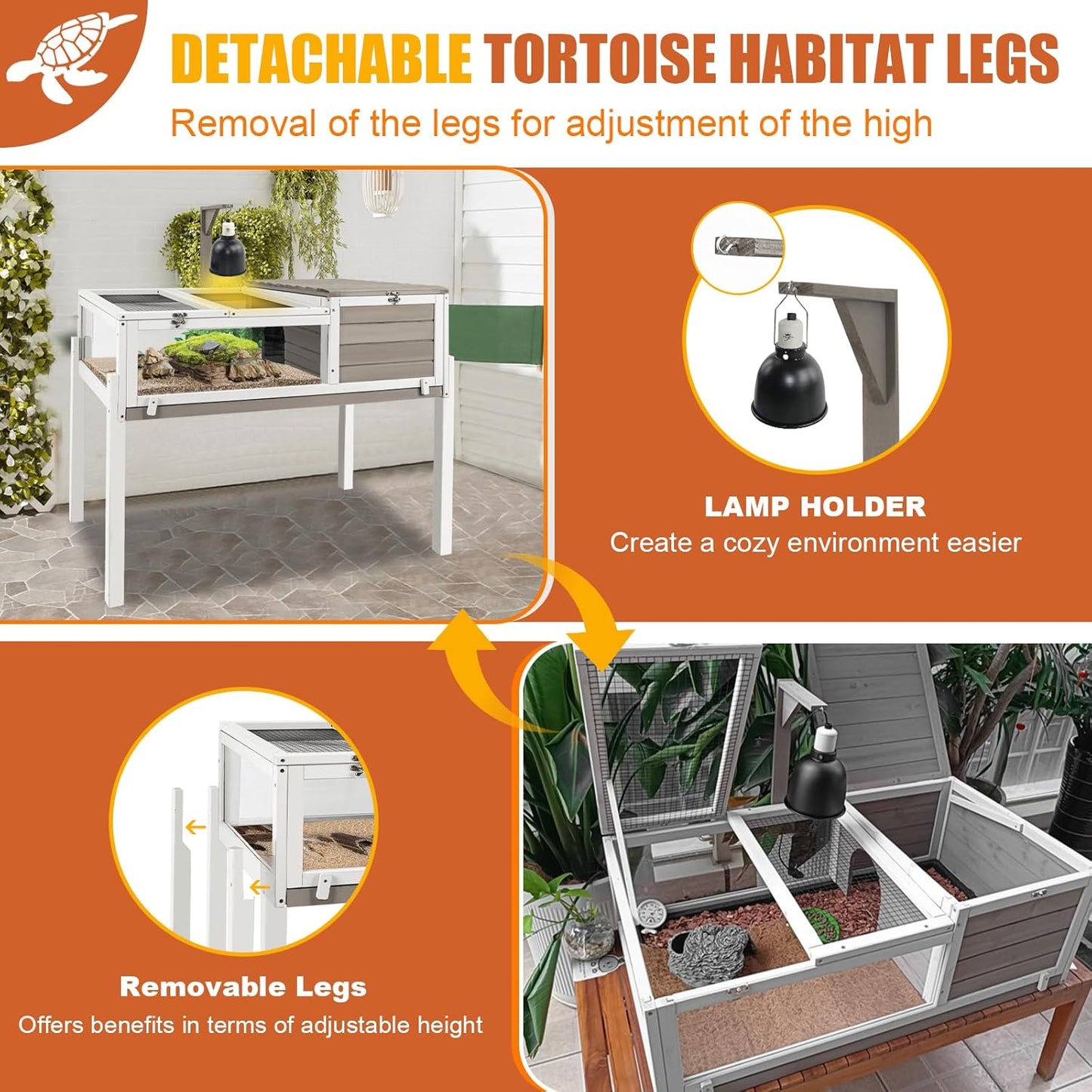 Tortoise Habitat Large Wooden Tortoise Enclosure Habitat with No-Leaking Tray Indoor & Outdoor, Reptile Cage for Small Animals TOR03-Grey - FurryFun