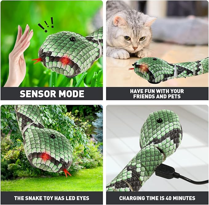 Cat Toys Interactive,Kitten Toys,Realistic Simulation Smart Sensing Snake Toy,USB Rechargeable,Automatically Sense Obstacles and Escape,Tricky for Indoor Cats Dogs(Green Snake)
