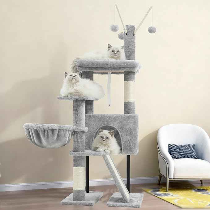 Cat Tree for Indoor Cats, Cat Tower with Scratching Post for Small Cats and Kittens, Cat House with Removable Top Platform and Fluffy Balls, Hanging Cat Basket, Light Gray GCT006SW