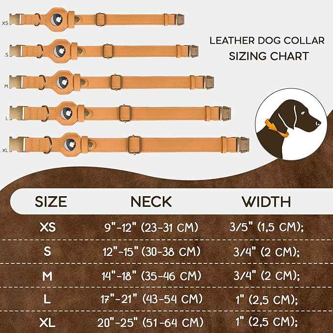 AirTag Dog Collar - Genuine Leather Dog Collar with Apple AirTag Holder and Metal Buckle - Smart GPS Tracking Pet Collars (Light Brown, XS, 9"-12" Neck Fit)