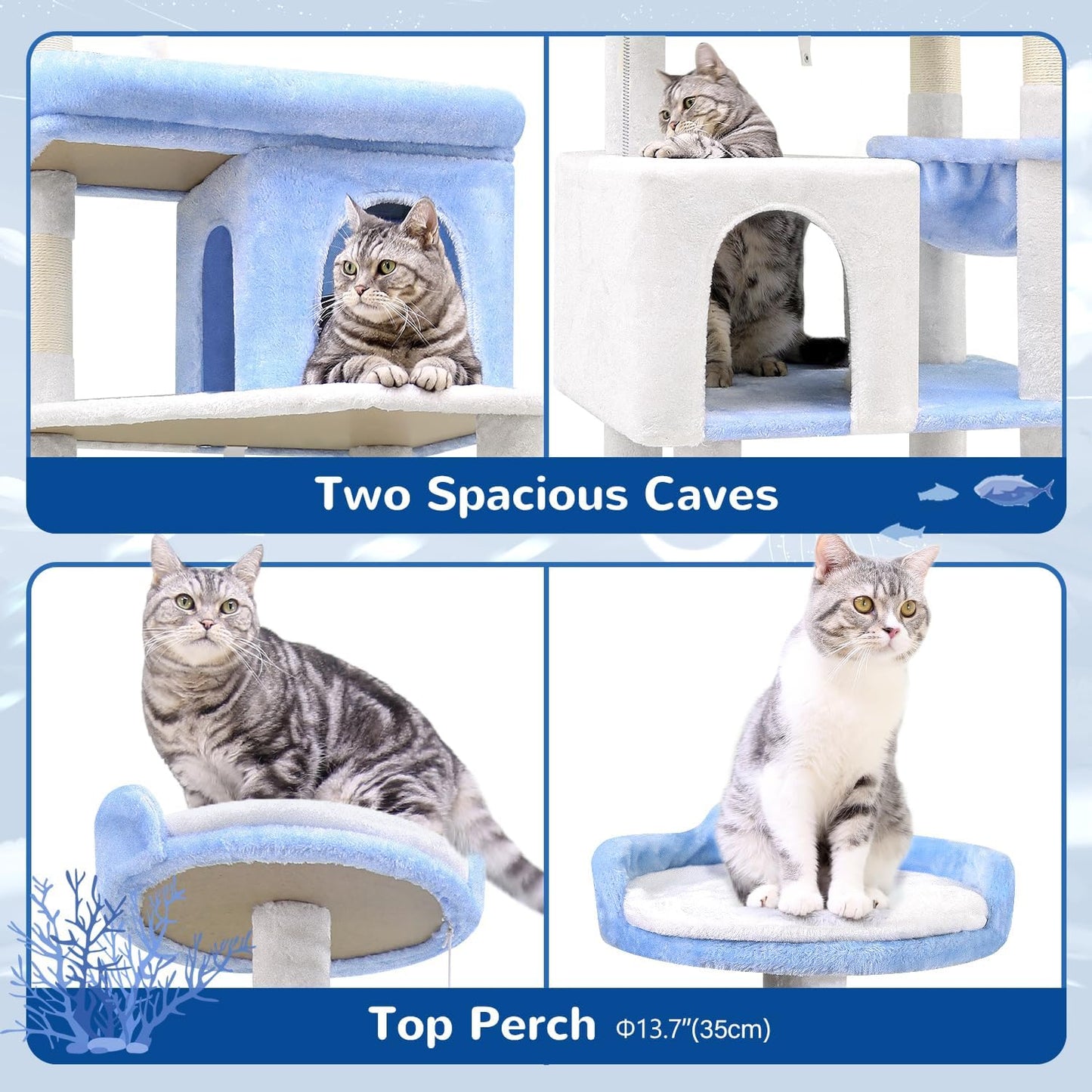 Globlazer Heavy Duty Cat Trees for Large Cats, Sturdy 72in Maine Coon Cat Tree for Large Cats 20 lbs+ Heavy Duty Cat Tower for Adult Biggest Cat with 6 Scratching Posts, Hammock, S72, Ocean Blue