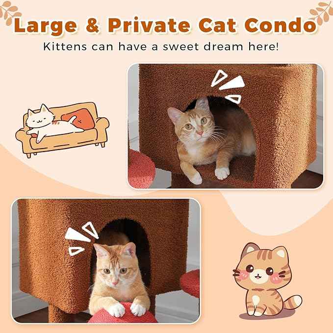 PETEPELA Floor to Ceiling Cat Tree, Adjustable 90.5''-100.4'' Cat Tower Mushroom Climbing Tree with Scratching Posts, Spacious Condo and Large Hammock for Indoor Cats Large Adult, Brown