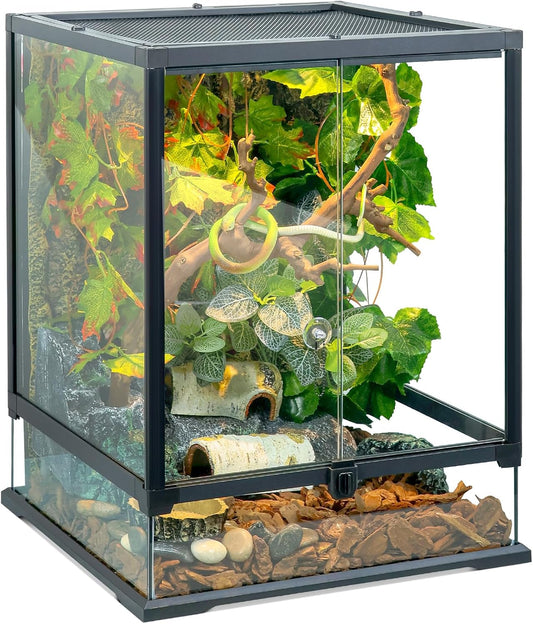 Glass Reptile Tank Front Opening Terrarium Suitable for Leopard Geckos, Snakes, Tree Frogs, Chameleons,Watertight Base, Ventilated Metal Mesh Top, Pre-Drilled Cable Holes 23.9x18x18'' - FurryFun