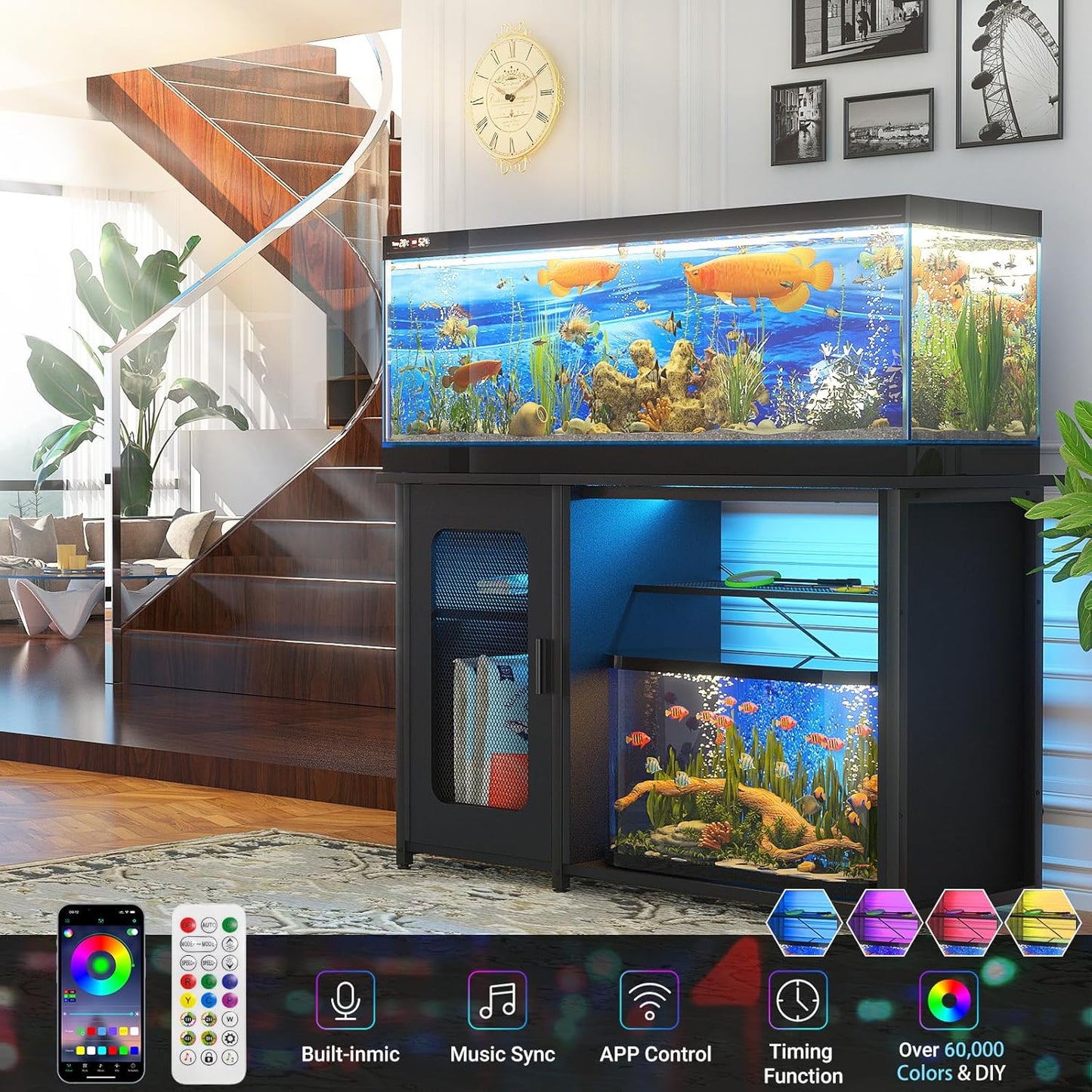 55-75 Gallon Fish Tank Stand with Power Outlets & LED Light, Reversible Heavy Duty Metal Aquarium Stand with Cabinet for Fish Tank Accessories Storage, Turtle/Reptile Terrariums, Black