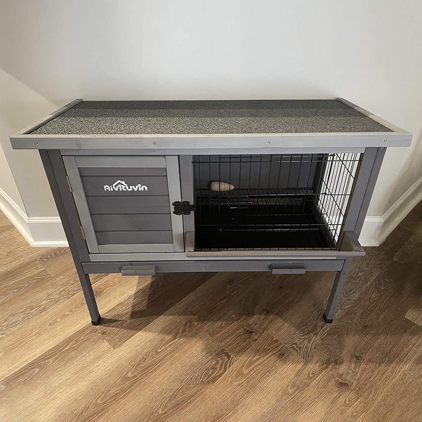 Aivituvin Outdoor Rabbit Hutch, Wooden Bunny Cages Indoor with Deeper Leakproof Tray - Upgrade with Metal Wire Pan