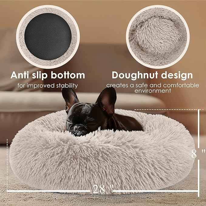 28in Large Dog Bed, Medium Size Dog and Cats, Calming Donut Bed for Puppy and Kitten, Washable Round Fluffy Pet Bed (Brown)
