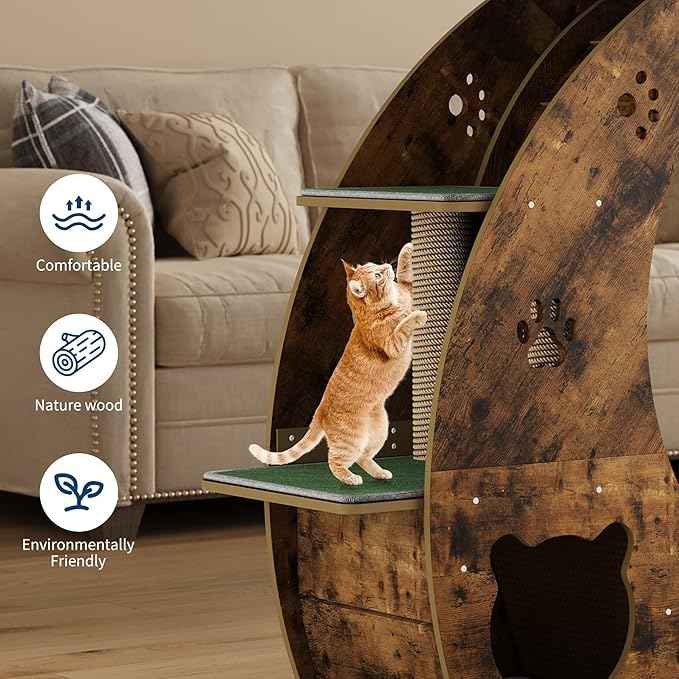 Cat Running Wheel for Indoor Cats, Large 6-in-1 Cat Treadmill with Bowls, Scratch Post & Resting House, Quiet Cats Wheel Exerciser for Kitty Fitness Brown