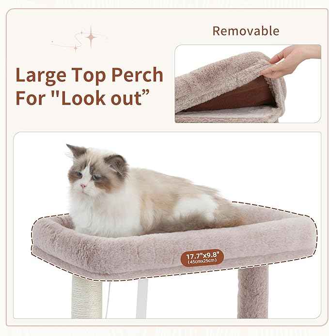 51.2'' Cat Tree Tower, Cat Tower with Scratching Post, Sturdy Steel Pube Cat Tree for Inoor Cats Large Adult, Cat Hammock and Basket, Padding Top Platform, Mushroom GCT014MU
