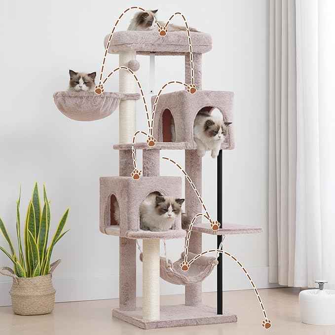 51.2'' Cat Tree Tower, Cat Tower with Scratching Post, Sturdy Steel Pube Cat Tree for Inoor Cats Large Adult, Cat Hammock and Basket, Padding Top Platform, Mushroom GCT014MU