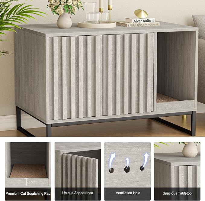 Litter Box Enclosure, Modern Cat Litter Box Enclosure Furniture Hidden Litter Box with Cat Scratch Pad, Cat Washroom Cat House End Table, Entryway Bench for Livingroom (Grey)