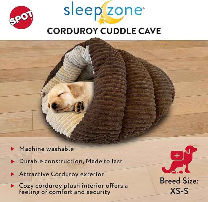 SPOT Sleep Zone Cuddle Cave - Cat Cave Bed for Indoor Cats and Mini Dogs, Durable, Comfortable, Washable for Kittens and Puppies Under 10 lbs and 12 inches Long, Corduroy Brown