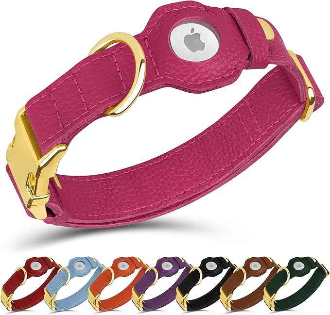 Leather Airtag Dog Collar - Soft Tracking Dog Collar with Apple AirTag Holder and Metal Buckle - Safety GPS Pet Collars for Small Medium Large Dogs Puppy Pink Red (Pink, M, 14"-18" Neck Fit)