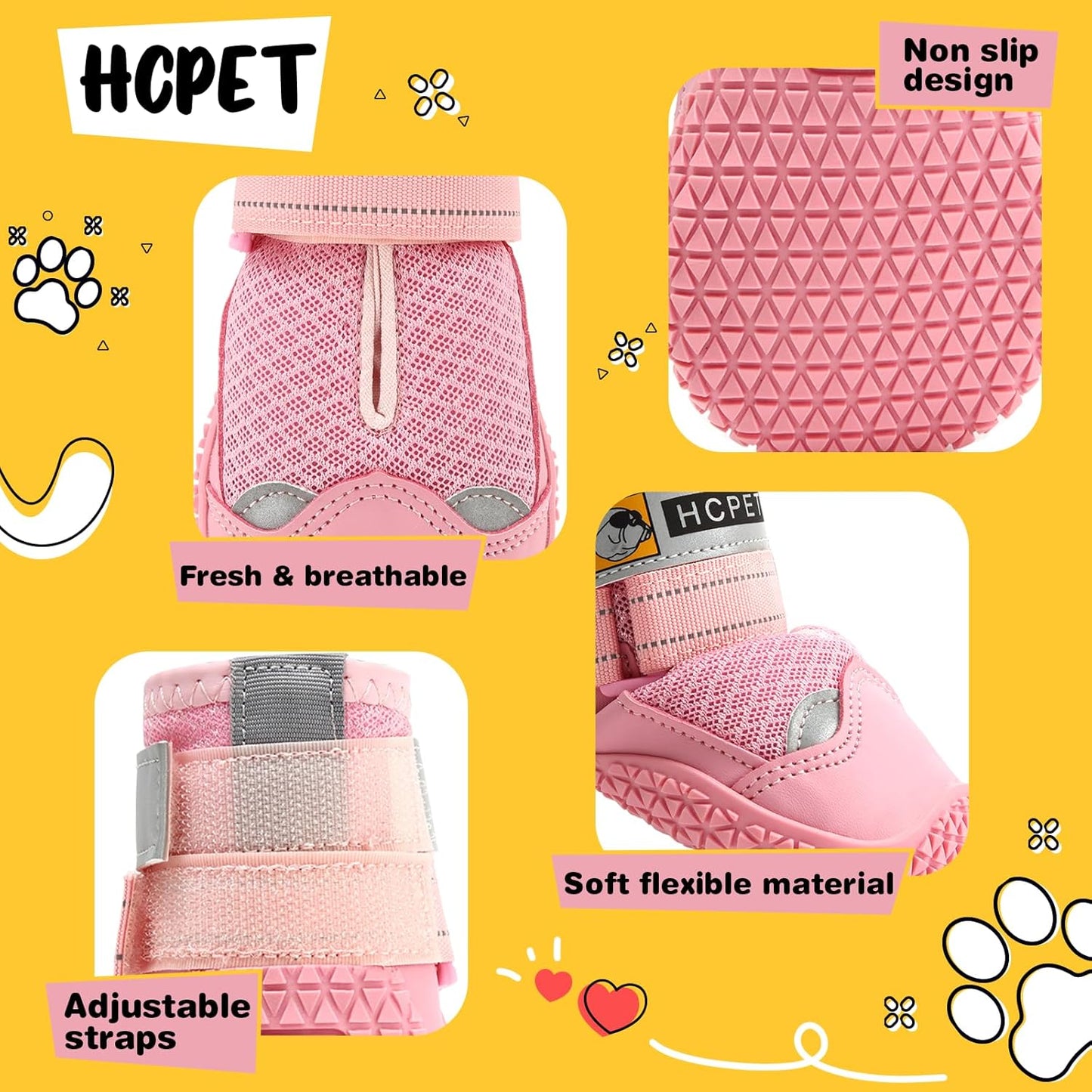 Hcpet Dog Shoes for Large Dogs, Breathable Dog Booties for Small Medium Dogs, Anti-Slip Dog Boots & Paw Protectors for Hot Pavement Winter Snow Hiking with Reflective Straps Pink Size 5