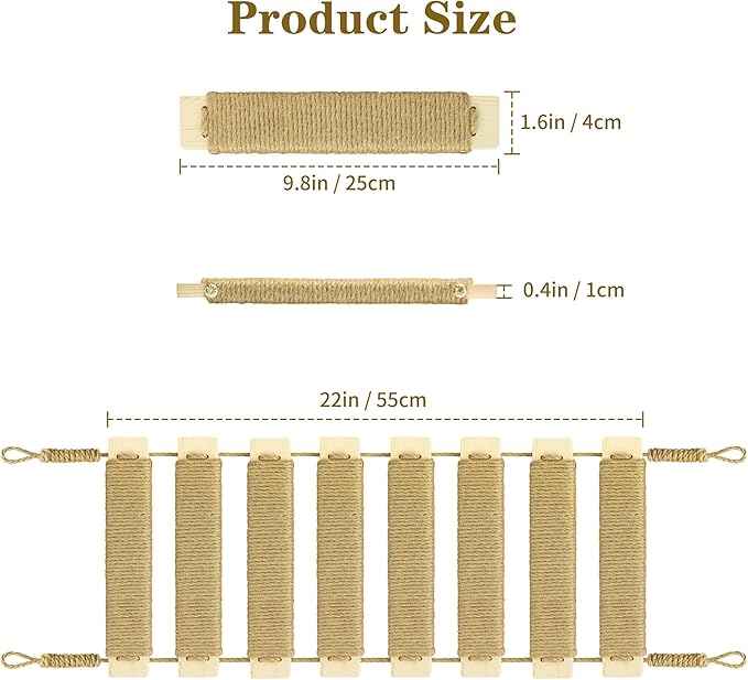 Multi-Functional Cat Ladder & Bridge - Sisal Rope Climbing Frame Wall Furniture for Indoor/Outdoor Cats, Cage Accessories, Parrots, Small Pets (Wood Tone)