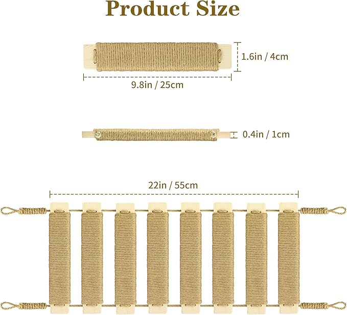 Adjustable Cat Ladder & Bridge - Multi-Functional Wall Furniture Climbing Frame | Sisal-Rope Wrapped Rungs for Secure Climbing | Indoor Cats, Small Pets | Cage Accessories (Wood)