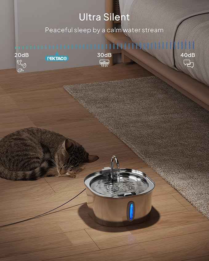 PEKTACO Stainless Steel Cat Water Fountain, 3.2L/108oz Cat Water Dispenser with Quiet Water Pump and Water-Level Window, Dishwasher Safe Pet Drinking Fountain for Cats with 6 Filters + 6 Sponges