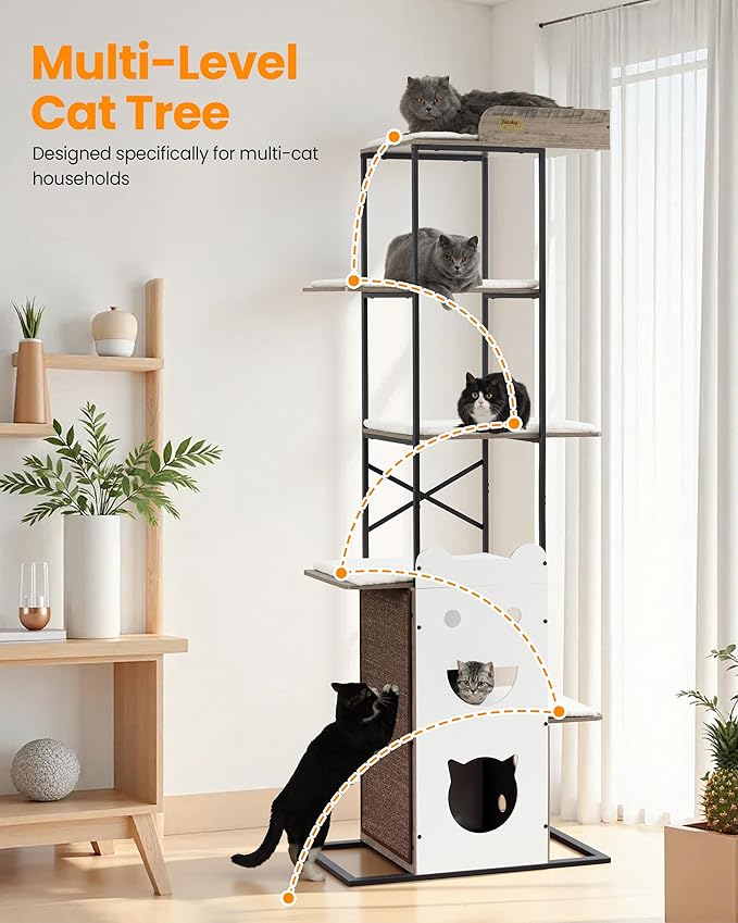 Modern Wood Cat Tree Tower, 84 Inch Extra Tall Cat Condo Trees for Indoor Cats Large Adult, XL Multi-Level Heavy Duty Wooden Sturdy Cat House Furniture with Platform Perch Bed Scratching Post Board