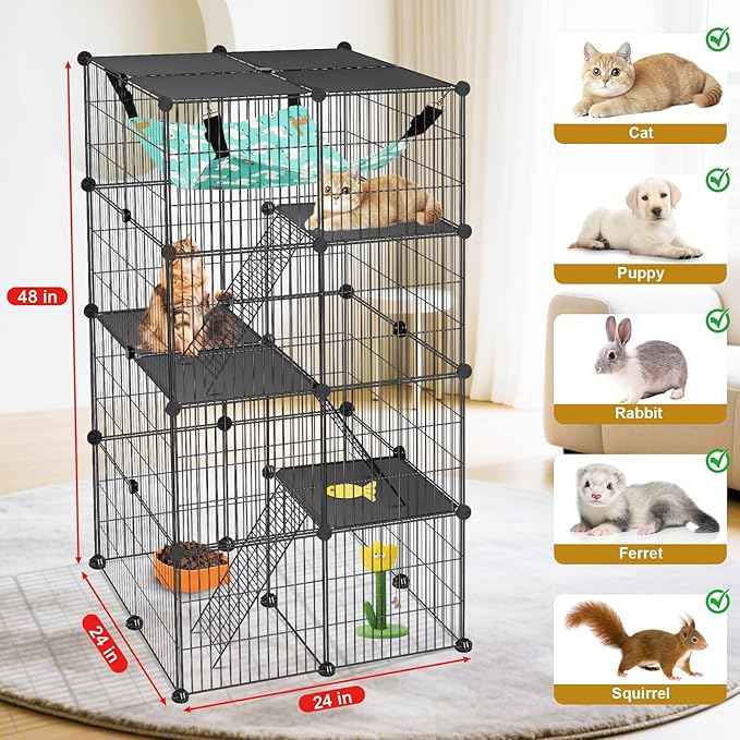 Cat Cage, 4-Tier DIY Cat Enclosures Catio, Cat Playpen Indoor & Outdoor with Hammock, Detachable Metal Wire Kennel Cats Crate, 2x2x4 Exercise Place for 1-3 Cats/Kitten