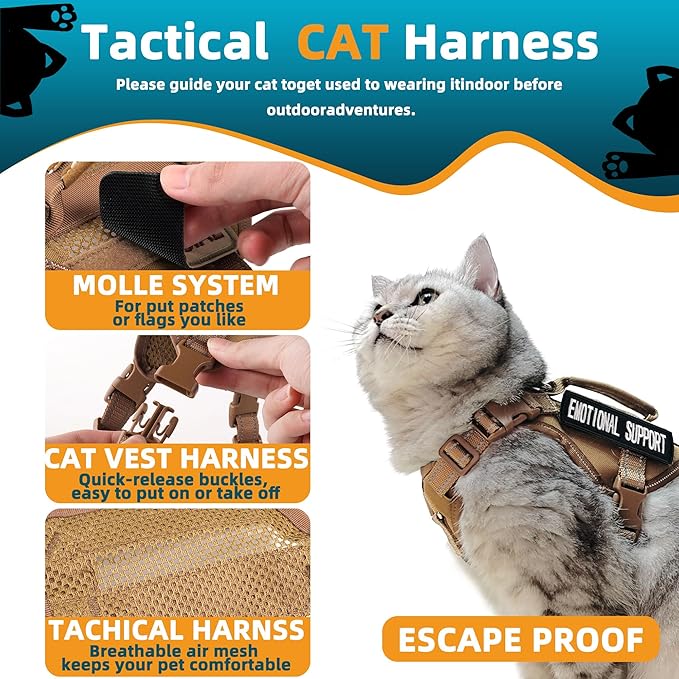 Tactical Cat Harness Khaki for Walking Esacpe Proof,Adjustable Soft Mesh Large Cat Vest with Rubber Handle Easy to Control,Molle Patches XL