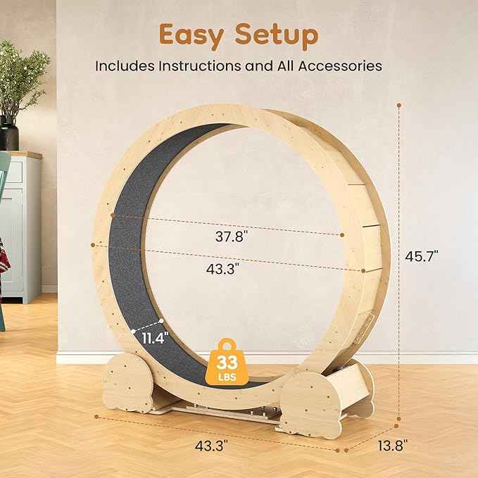 Cat Wheel for Indoor Cats, 46" Large Cat Exercise Wheel with Detachable Carpet, Silent Cat Treadmill with Safety Lock for Small & Adult Cats, Quiet for Nighttime Use, Natural Wood Color