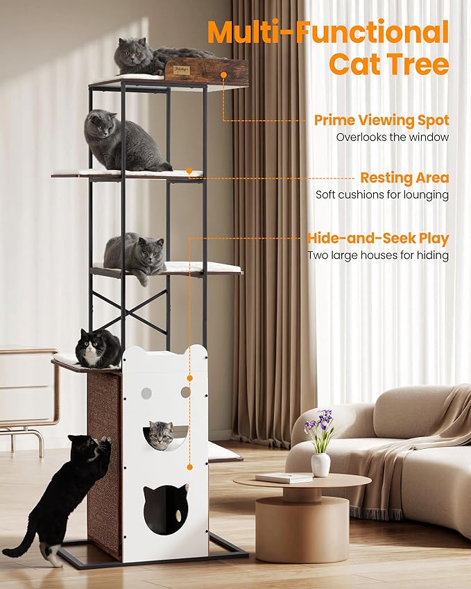 Modern Wood Cat Tree Tower, 84 Inch Extra Tall Cat Condo Trees for Indoor Cats Large Adult, XL Multi-Level Heavy Duty Wooden Sturdy Cat House Furniture with Platform Perch Bed Scratching Post Board