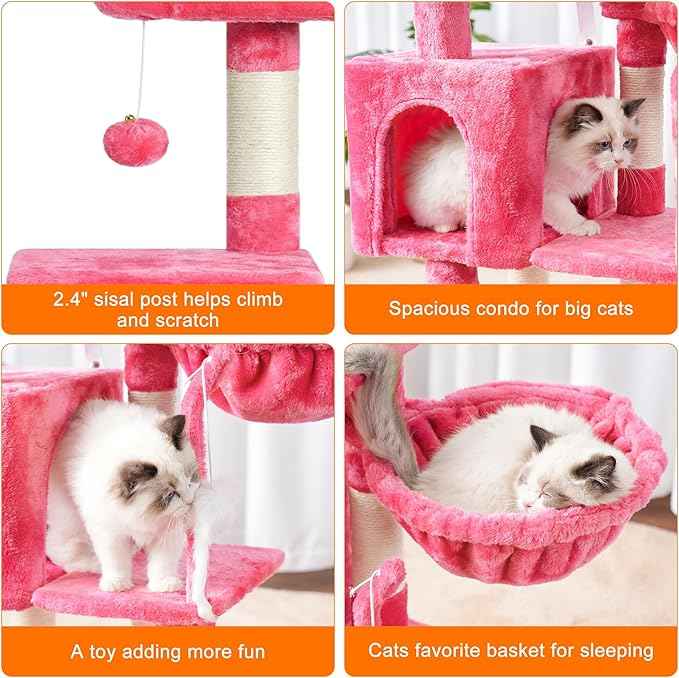 Heybly Cat Tree with Toy, Cat Tower Condo for Indoor Cats, Cat House with Padded Plush Perch, Cozy Hammock and Sisal Scratching Posts, Flamingos HCT004SF