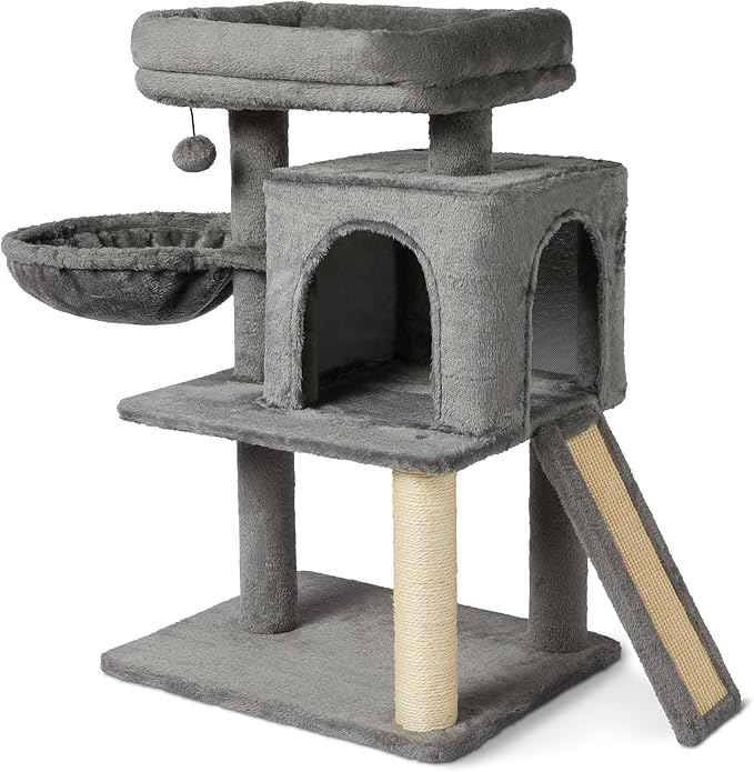 Amazon Basics Indoor Cat & Kittens Multi-Level Climbing Activity Tower with Scratching Posts, 2 Condos, FSC Certified, M - 31.1" (78.9cm) H, Grey