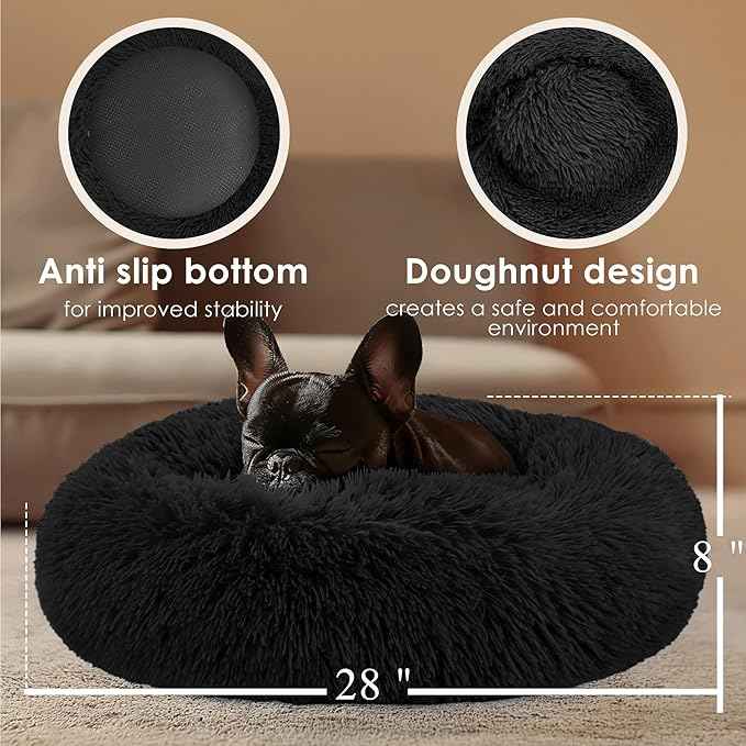28in Large Dog Bed, Medium Size Dog and Cats, Calming Donut Bed for Puppy and Kitten, Washable Round Fluffy Pet Bed (Black)