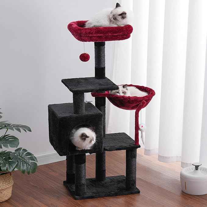 Heybly Cat Tree with Toy, Cat Tower Condo for Indoor Cats, Cat House with Padded Plush Perch, Cozy Hammock and Sisal Scratching Posts, Black and Red HCT004SBR