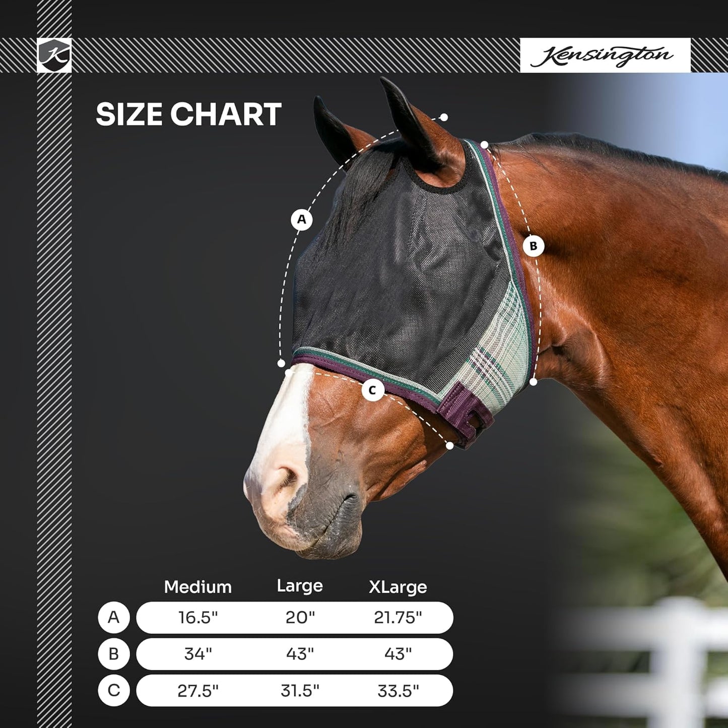 Kensington 90% UV Fly Mask Halter CatchMask UViator - Without Ears & Forelock Freedom Web Trim *Roomy Fit*- X-Large, Deluxe Black