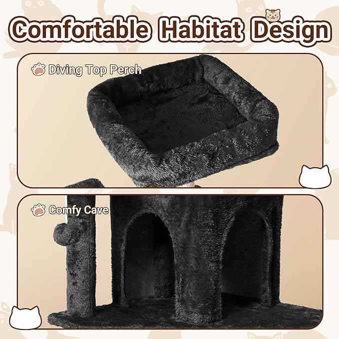 54 Inch Multi-Level Cat Tree Tower with Hammock, Condos & Scratching Posts, Large Cat Furniture for Indoor Cats with Pompoms, Black