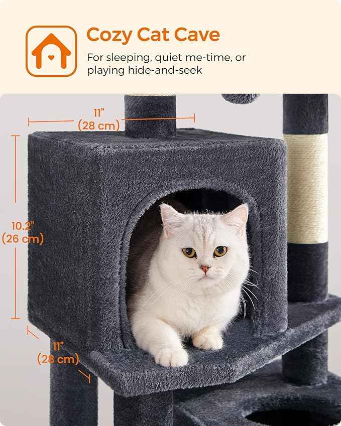 Feandrea Cat Tree, 59.5-Inch Tall Cat Tower, Plush Multi-Level Condo with 5 Scratching Posts, 2 Perches, 2 Caves, Hammock, 2 Pompoms, Smoky Gray UPCT192G01