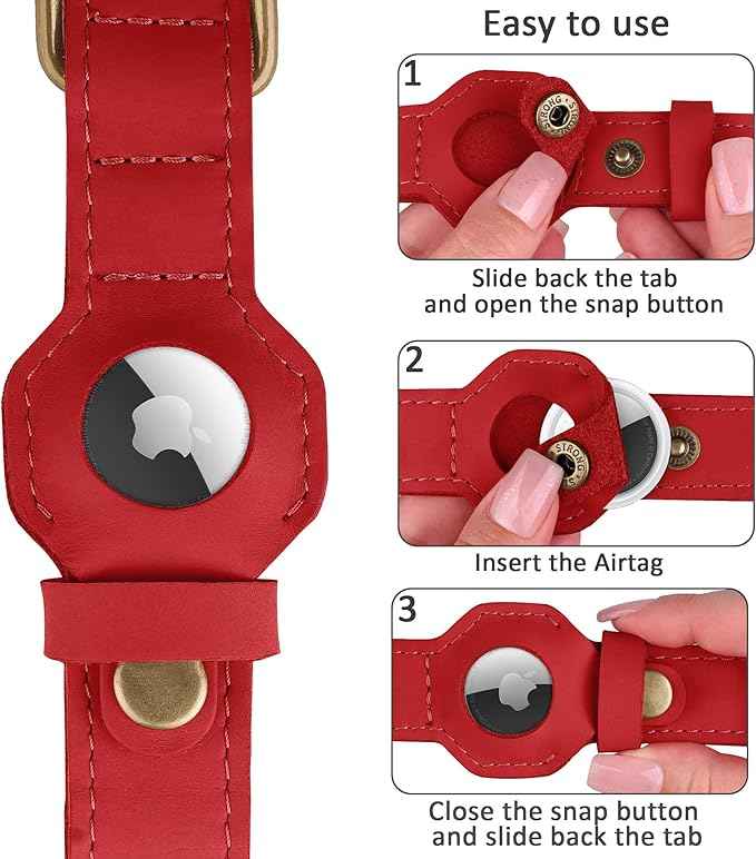 AirTag Dog Collar - Genuine Leather Dog Collar with Apple AirTag Holder and Metal Buckle - Smart GPS Tracking Pet Collars (Red, XL, 20"-25" Neck Fit)