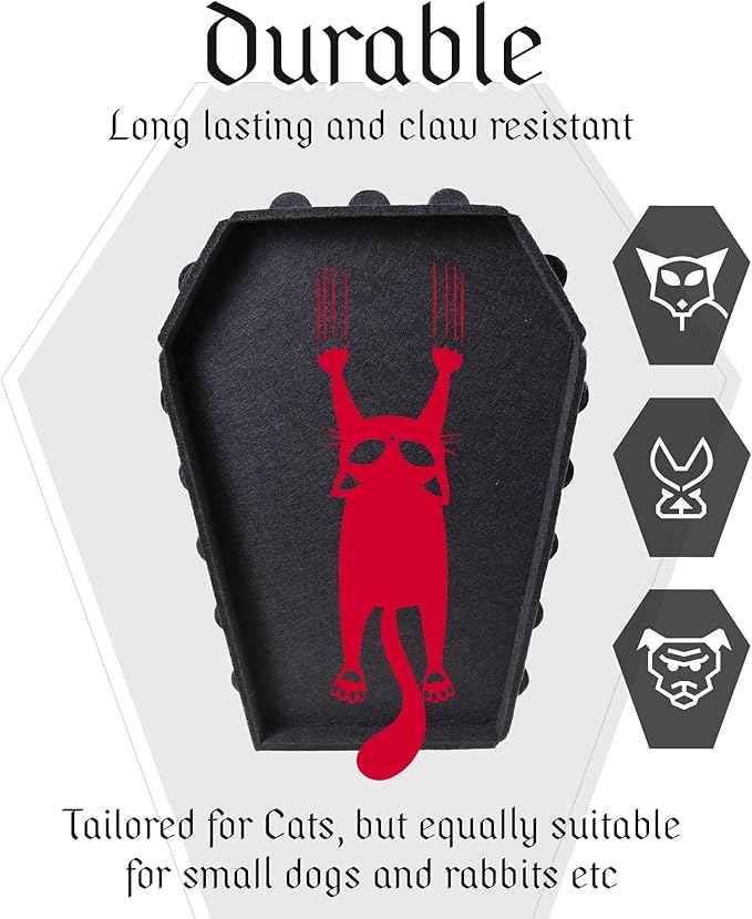 Gothic Cat Bed for Indoor Cats or Pets, Foldable as Halloween Cat House with Soft Cushion for Goth Bed, Gothic Cat House, Coffin Shape Cat Cave Bed, Black and Red Color Halloween Cat Bed