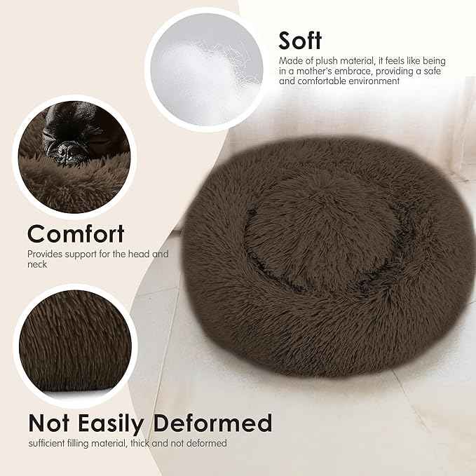 Dogs Bed for Small Dogs, Anti-Anxiety Washable Round Bed (Coffee, 24.0" L x 24.0" W x 8.0" Th)