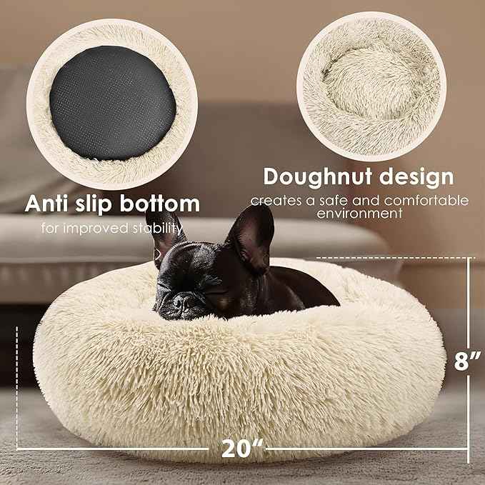 Hoewina Dog & Cat Bed, 20in Cat Beds for Indoor Cats, Calming Donut Bed for Puppy and Kitten, Washable Round Fluffy Pet Bed for Small Medium Dogs and Cats (Light Brown)