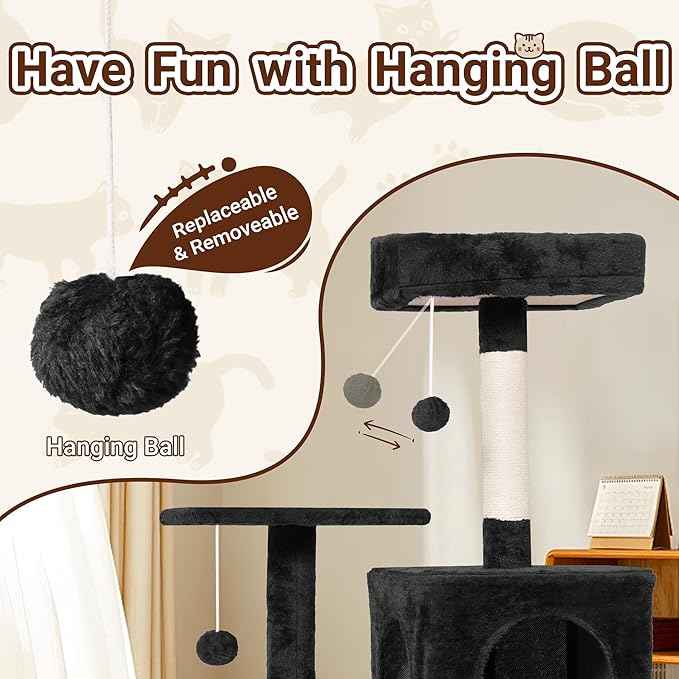 54 Inch Multi-Level Cat Tree Tower with Hammock, Condos & Scratching Posts, Large Cat Furniture for Indoor Cats with Pompoms, Black