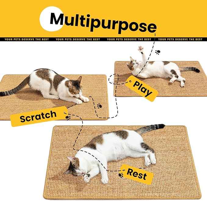 Cat Scratcher Mat,Natural Sisal Cat Scratch Pad with Hook&Loop Tape,Horizontal Floor Kitten Scratching Pads Rug for Indoor,Pet Furniture Protector for Couch&Carpets&Sofas, Large, Brown