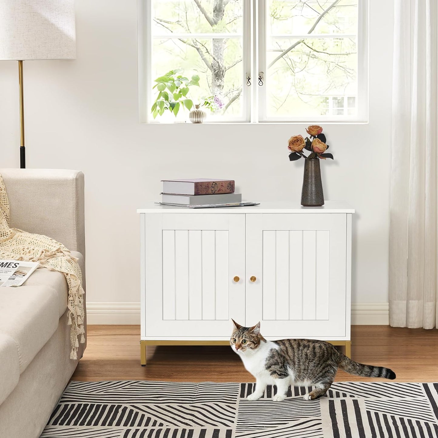 Homhedy Cat Litter Box Enclosure, Cat Washroom Furniture with Metal Frame, Pet House, Fit Most of Litter Box, Modern Style, White and Gold
