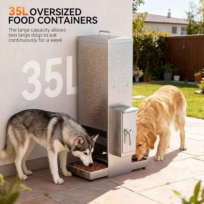 Chipak 35L Automatic Dog Feeder for Two Large Dogs with Timer, Stainless Steel Pet Food Dispenser W/Programmable Feeding Schedule,Dual Tray (35L)