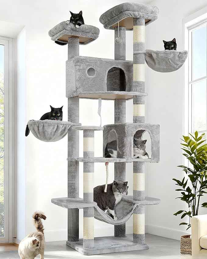 Tall Cat Tree, Large Cat Tower for Adult Cats, 80.7'' (205cm) Heavy-Duty Cat Tree House for Indoor Cats 20 lbs+ with Scratching Posts, 2 Top Perches/Condos, Hammcok, Light Gray GCT034W