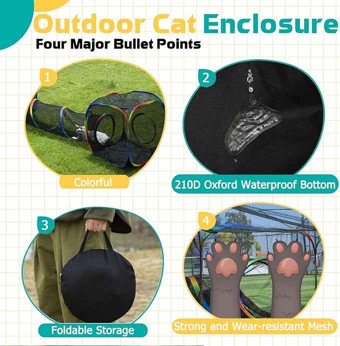LUCKITTY Outdoor Rainbow Cat Enclosures Playground,Outside House for Indoor Cats Include Portable Tent, 2 Way with 2 Cube Tunnel, for Kitty and Small Animals,Within Storage Bag