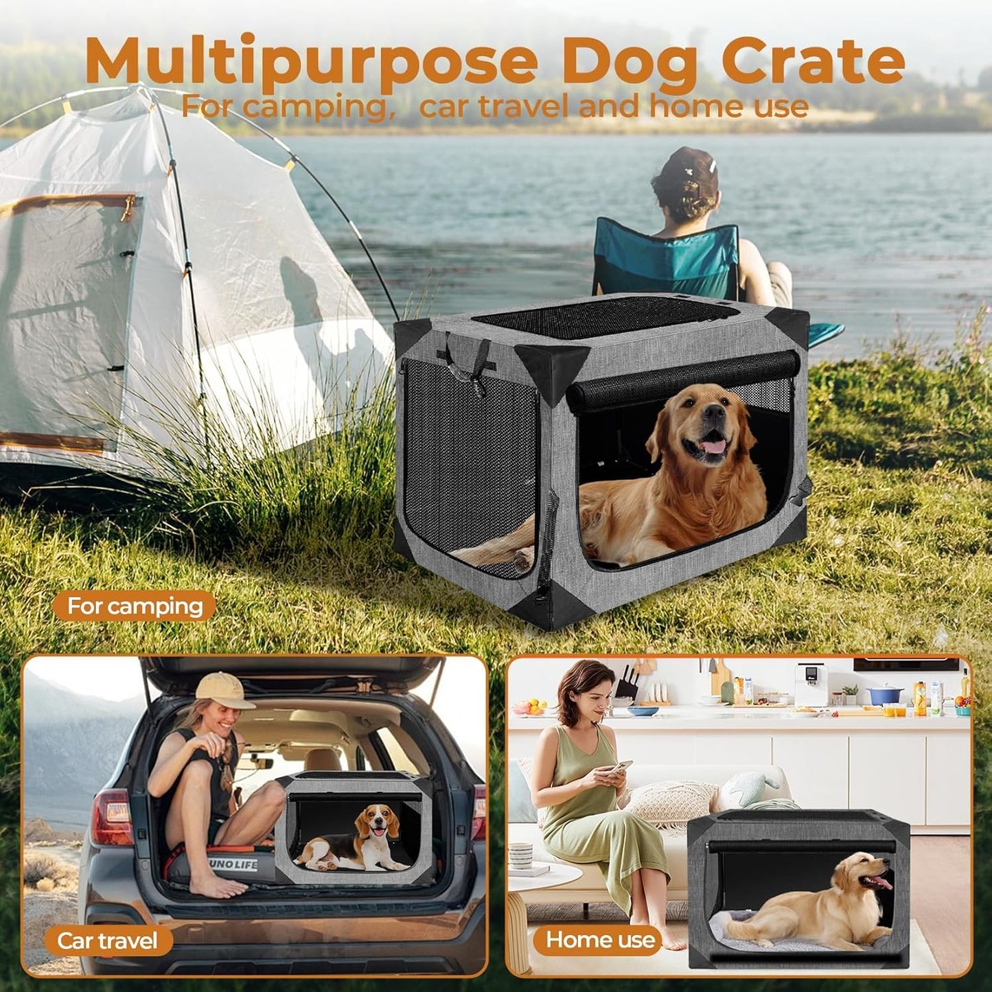 Dog Crate, Collapsible Soft Travel Crate for Large Dogs (3 Year Warranty), Indoor & Outdoor Portable Pet Kennel with Chew-Proof Mesh Window (Dark Gray, 36" L x 25" W x 25" H)